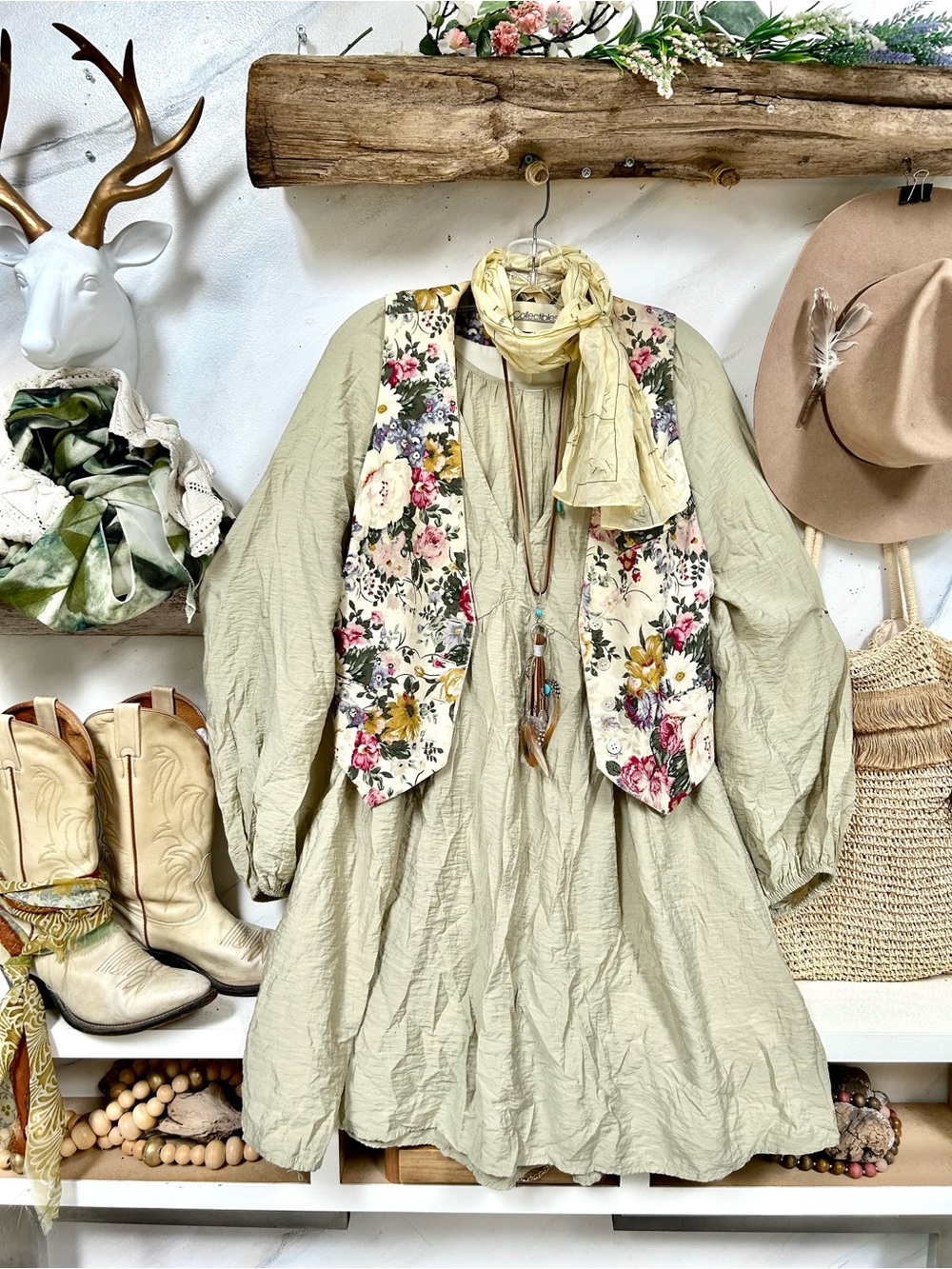Boho Sage boho Dress w prairie shabby chic beach prairie costal vibe - Picture 2 of 10